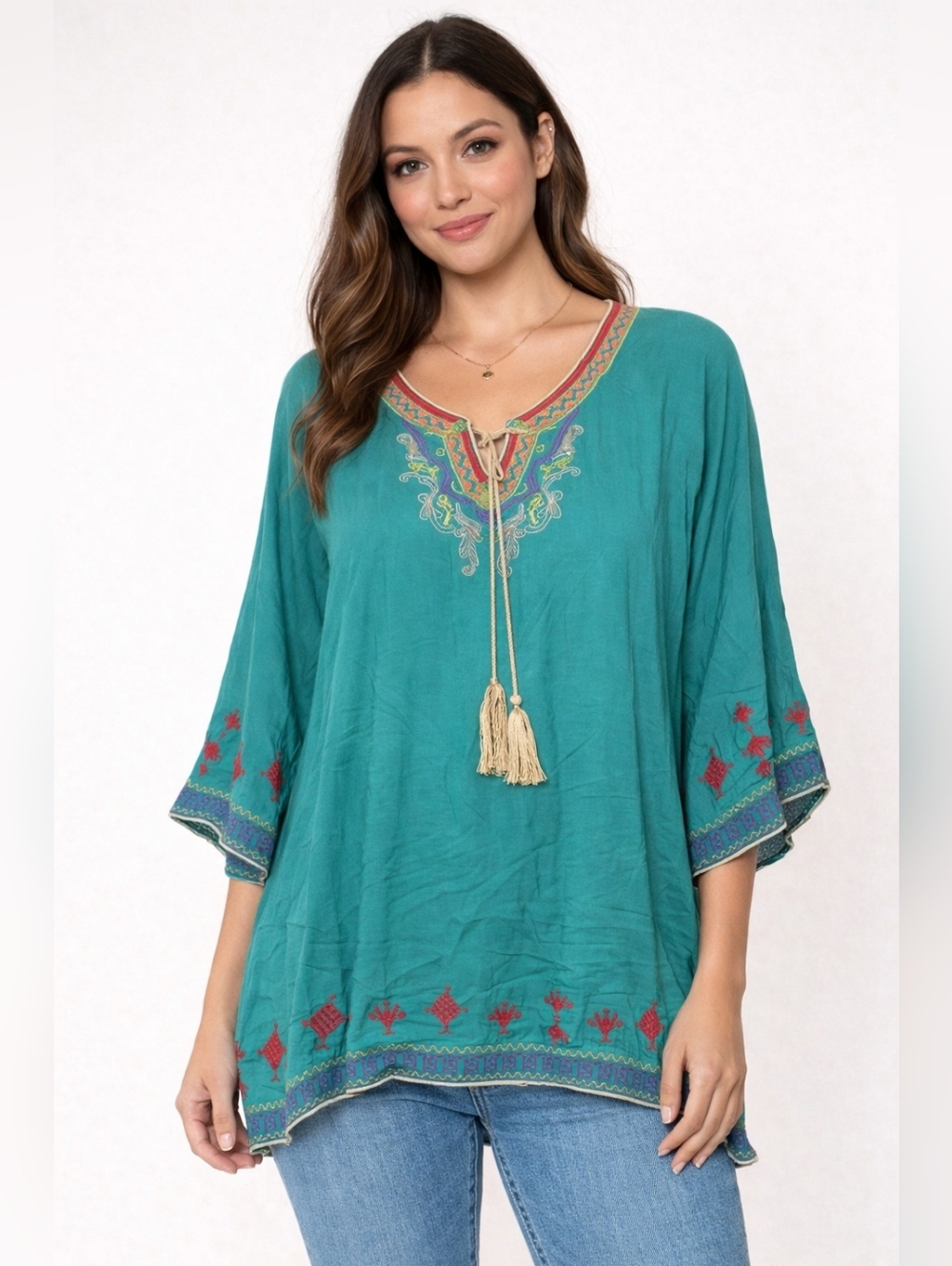 Women's Urban Mangoz Teal Embroidered Tunic Top L